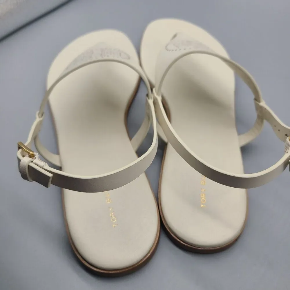 TORY BURCH CAPRI Perforated Logo White Leather Thong Flat Sandals  Sz 10.5 New